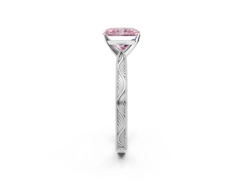 White gold Fancy Pink Radiant Cut Solitaire Milgrain Engraved Band with Four-Prong Setting_2
