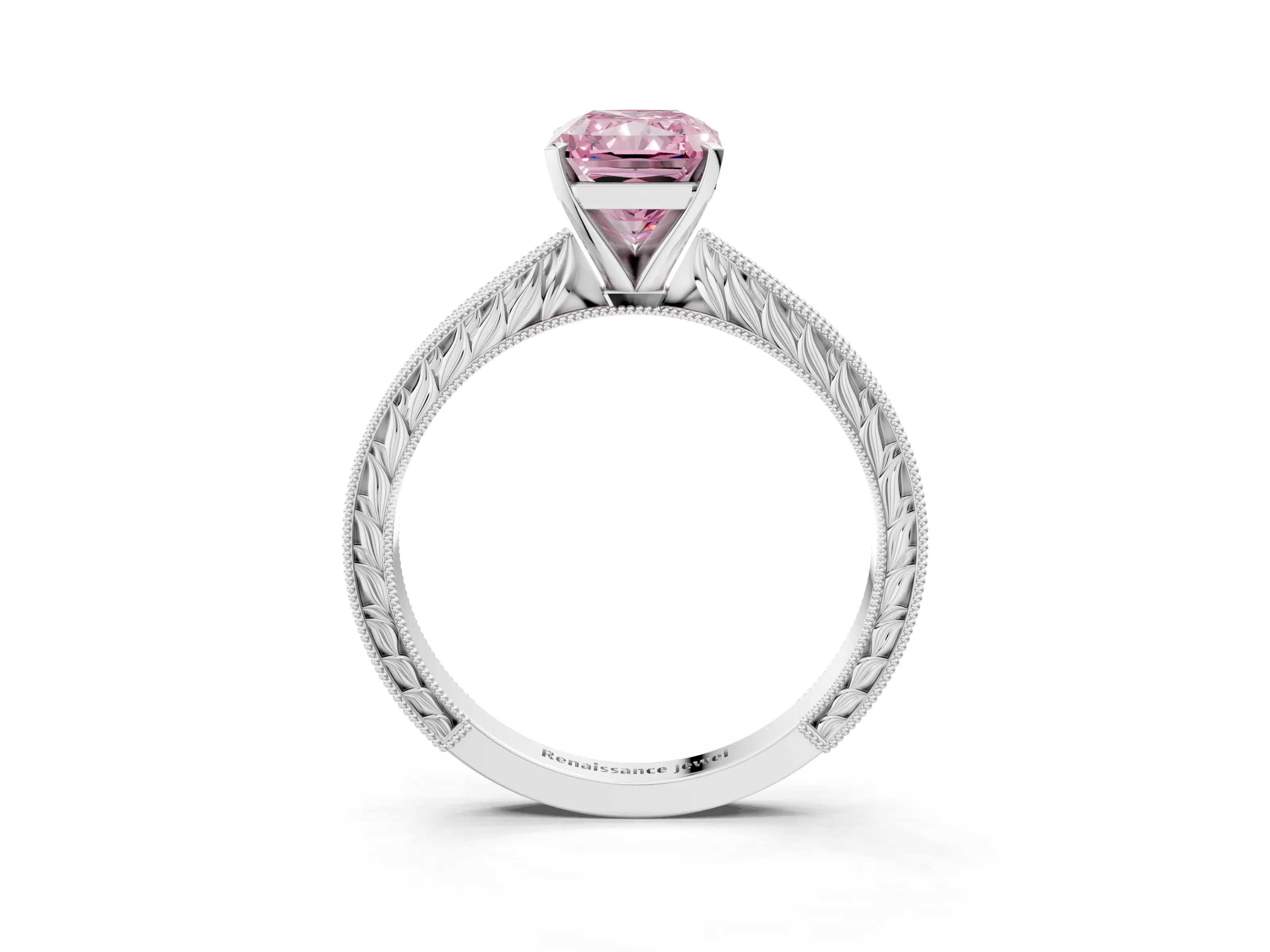 White gold Fancy Pink Radiant Cut Solitaire Milgrain Engraved Band with Four-Prong Setting_3