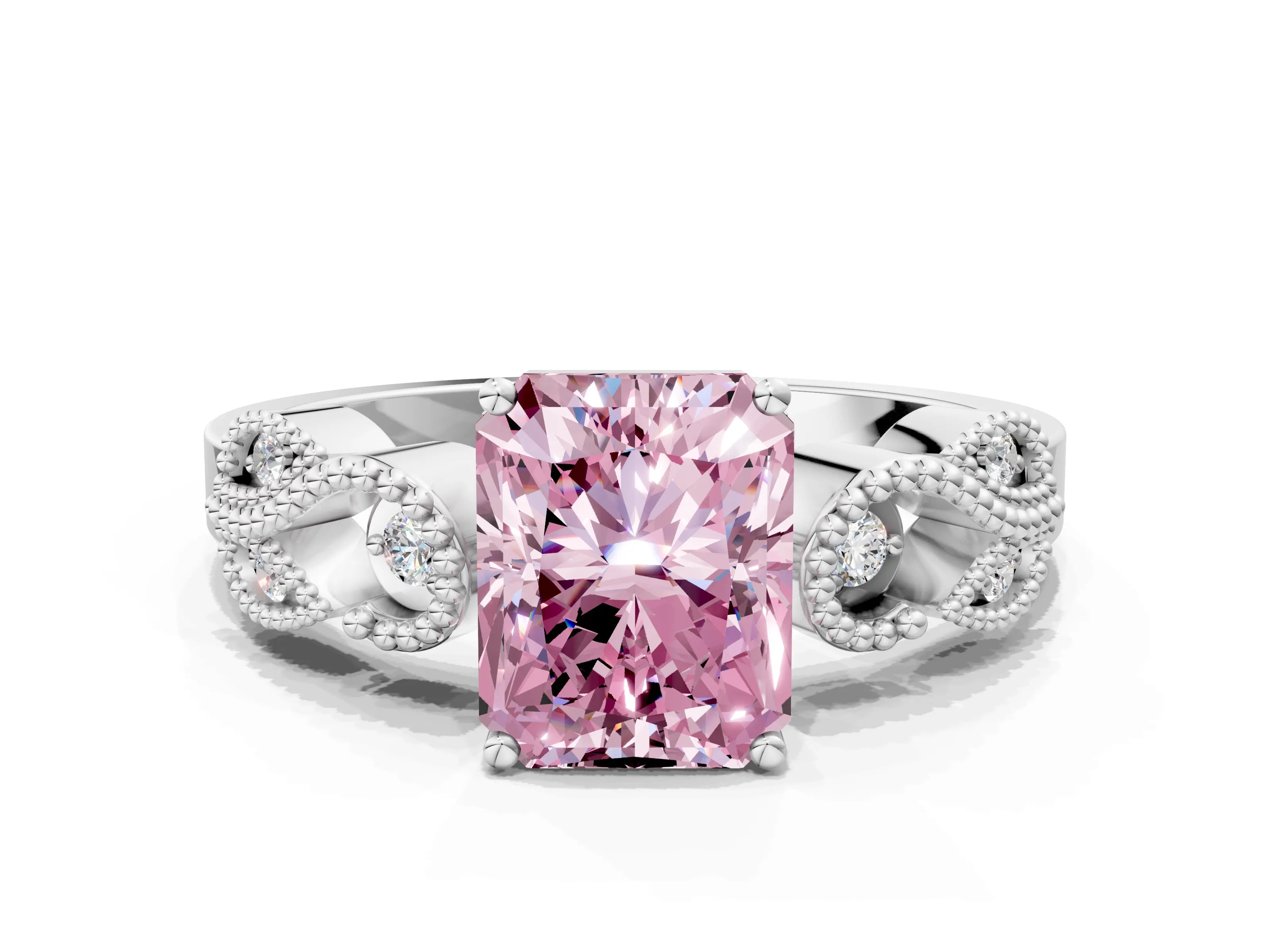 White gold Fancy Pink Radiant Cut Solitaire Milgrain Leaf Band with Prong Setting_12