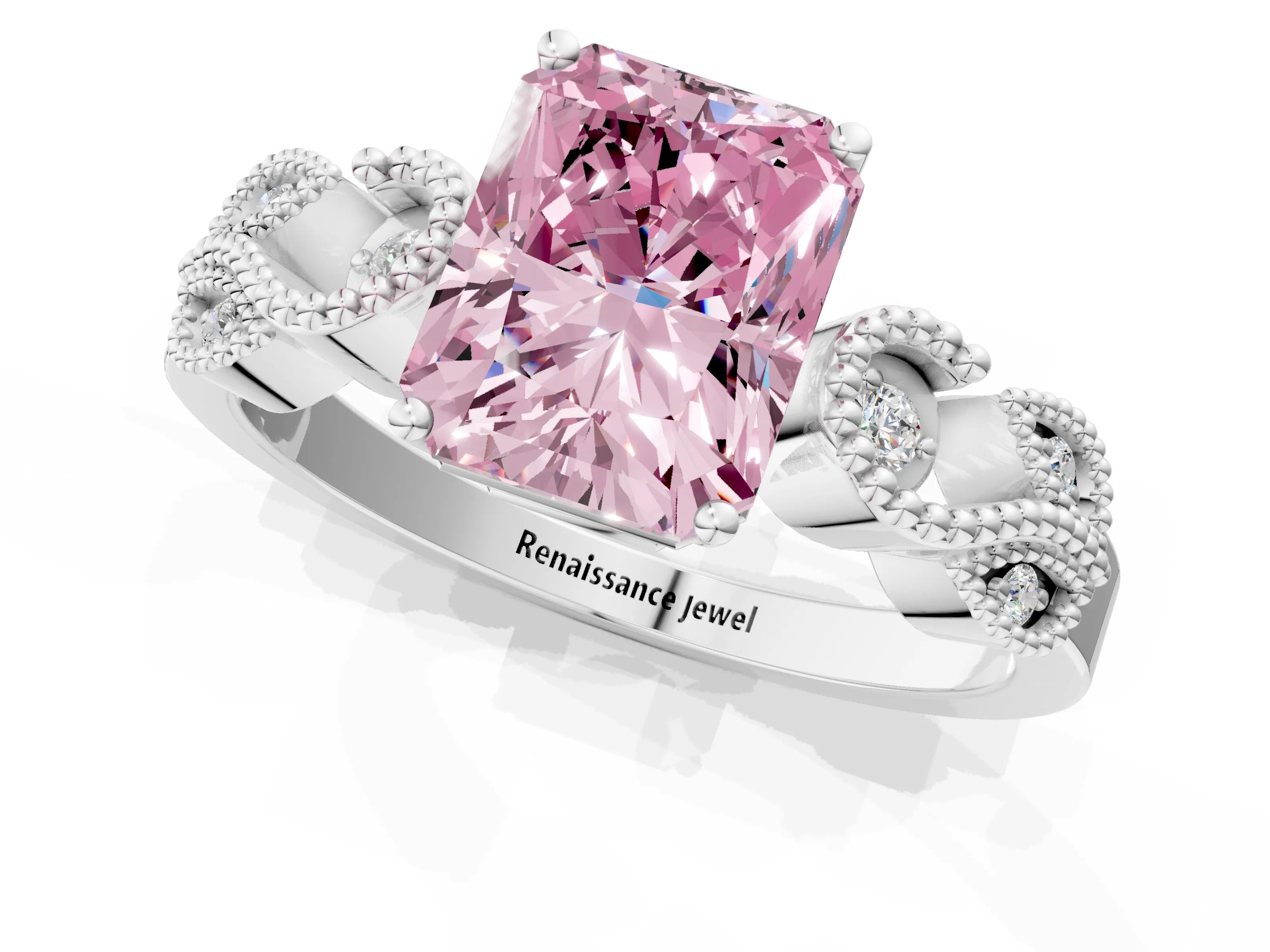 White gold Fancy Pink Radiant Cut Solitaire Milgrain Leaf Band with Prong Setting_13