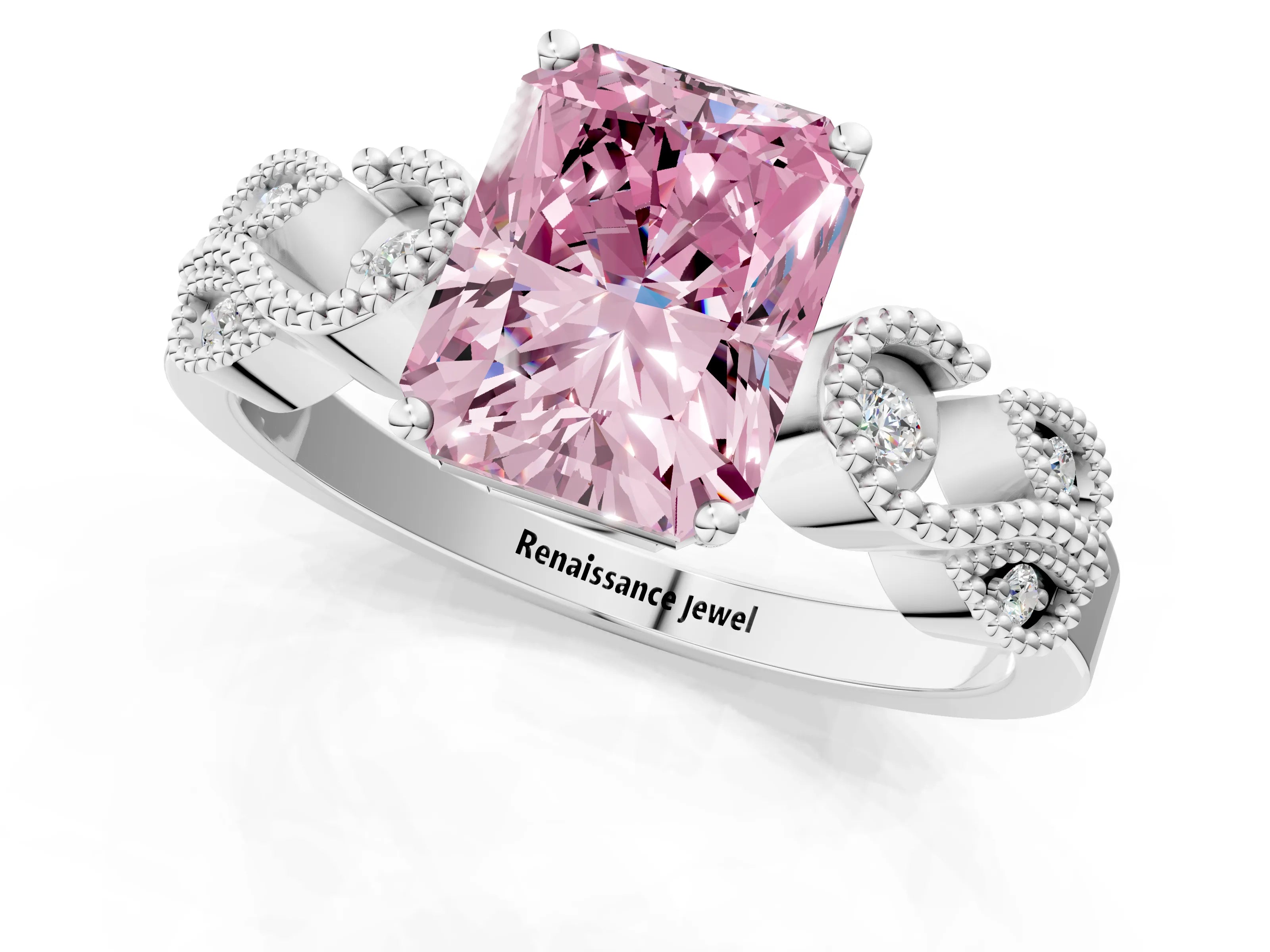 White gold Fancy Pink Radiant Cut Solitaire Milgrain Leaf Band with Prong Setting_1