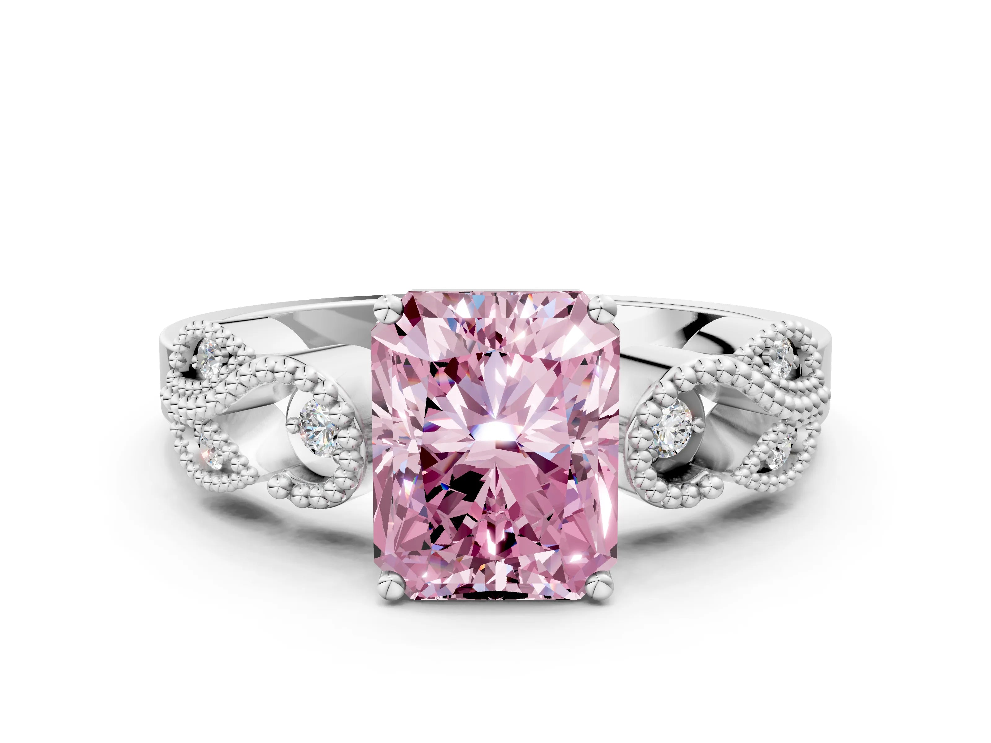 White gold Fancy Pink Radiant Cut Solitaire Milgrain Leaf Band with Prong Setting