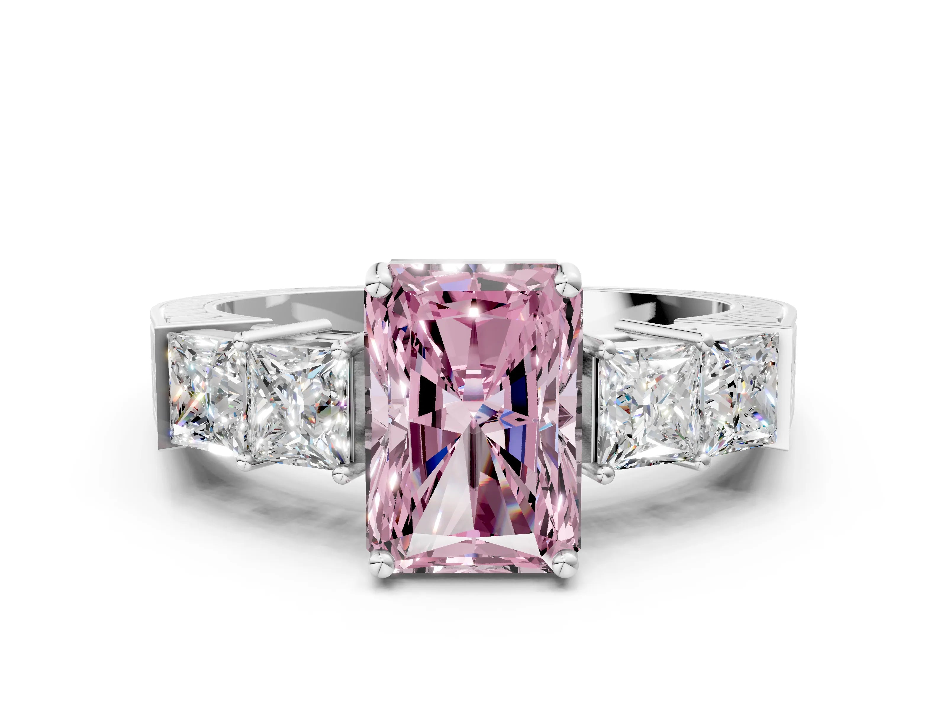 White gold Fancy Pink Radiant Cut Solitaire Princess Side Stone Engraved Band Prong Setting Ring_12