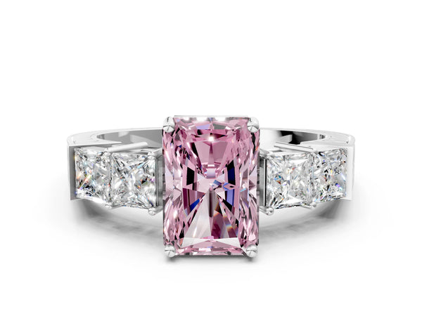 White gold Fancy Pink Radiant Cut Solitaire Princess Side Stone Engraved Band Prong Setting Ring