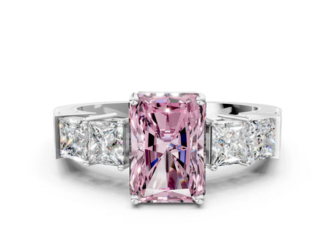 White gold Fancy Pink Radiant Cut Solitaire Princess Side Stone Engraved Band Prong Setting Ring_12