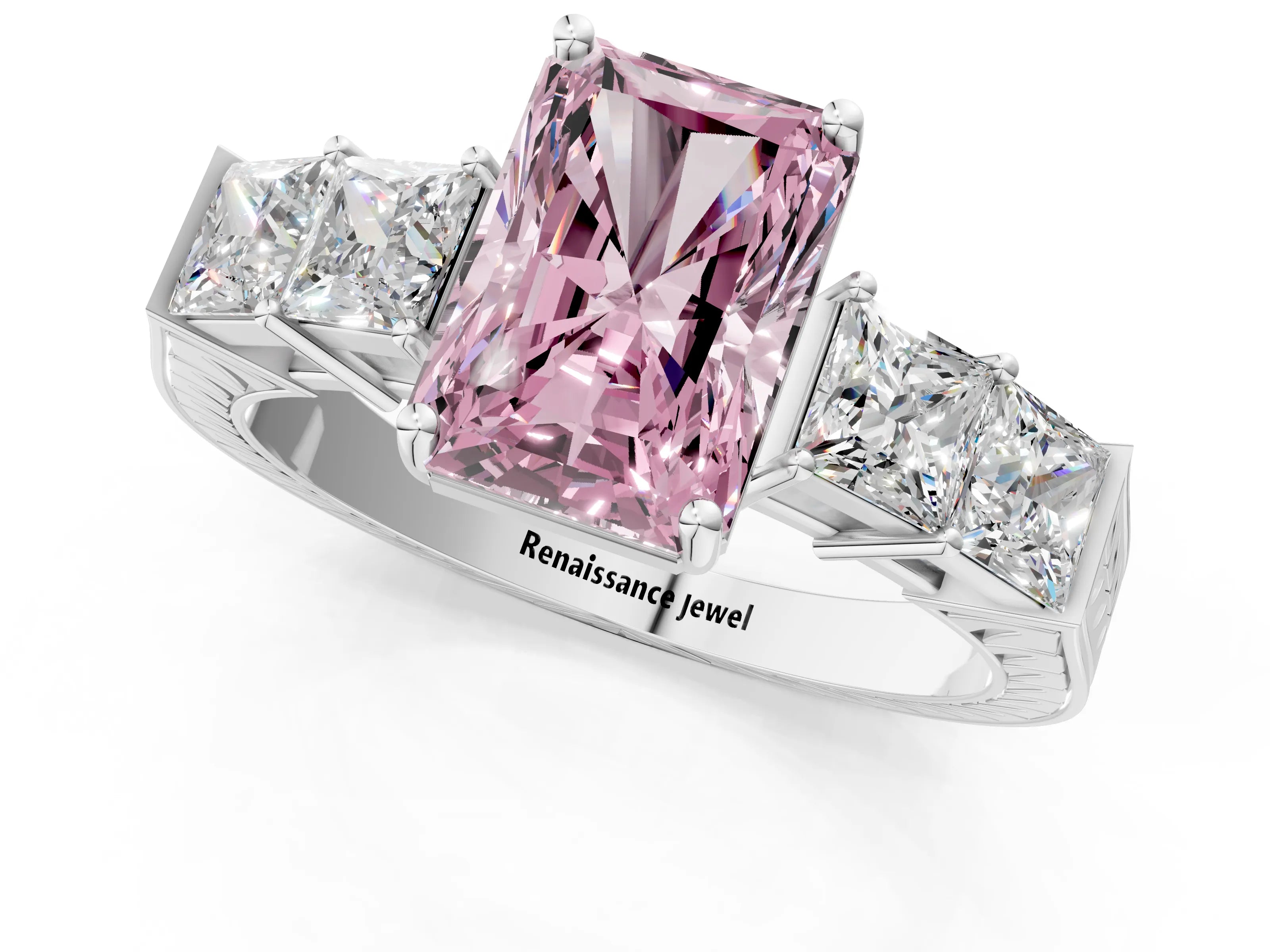 White gold Fancy Pink Radiant Cut Solitaire Princess Side Stone Engraved Band Prong Setting Ring_13