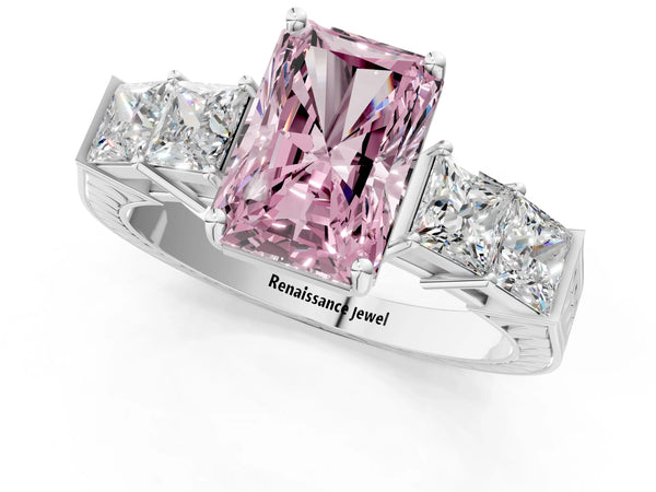 White gold Fancy Pink Radiant Cut Solitaire Princess Side Stone Engraved Band Prong Setting Ring