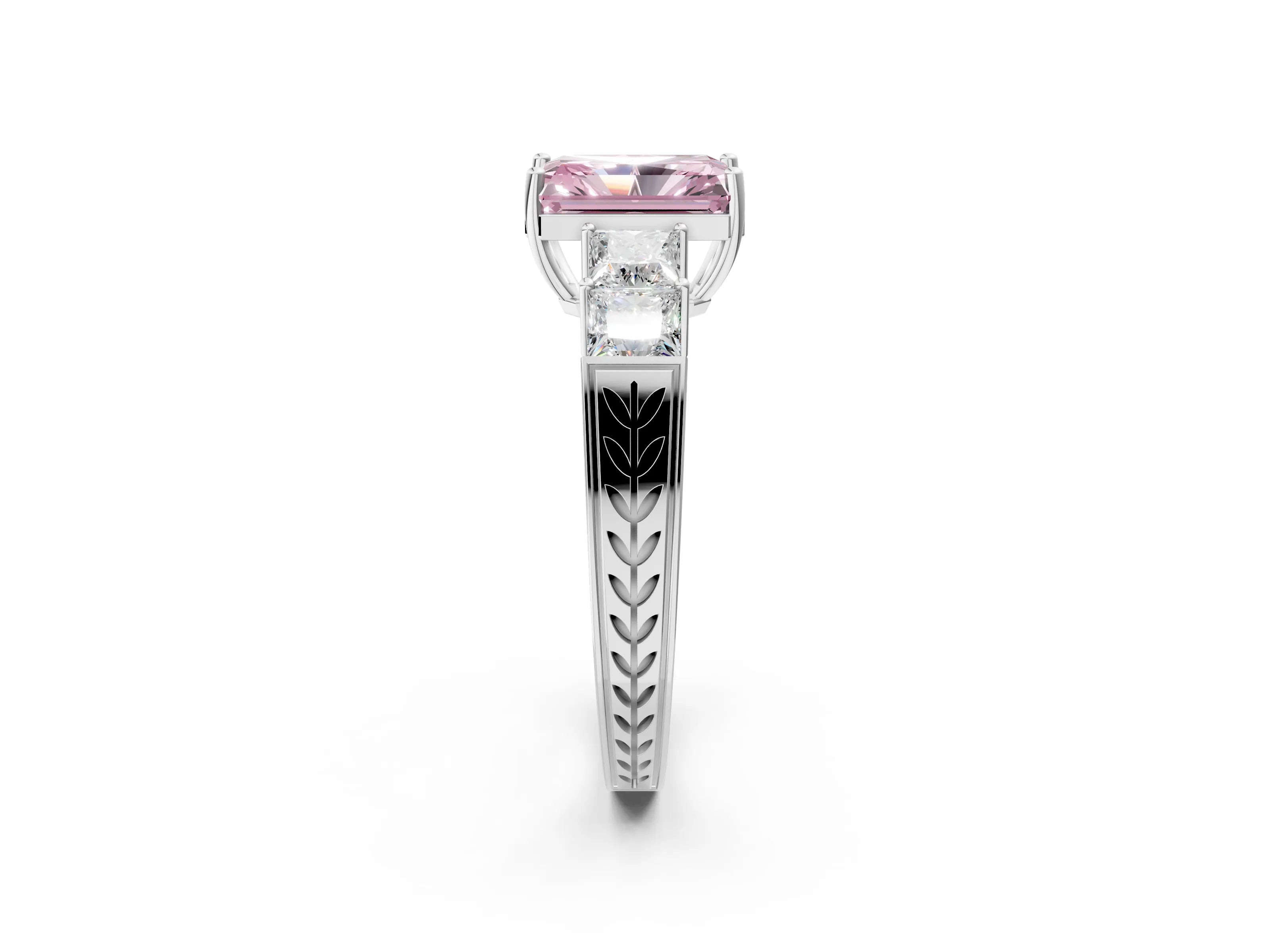 White gold Fancy Pink Radiant Cut Solitaire Princess Side Stone Engraved Band Prong Setting Ring_14