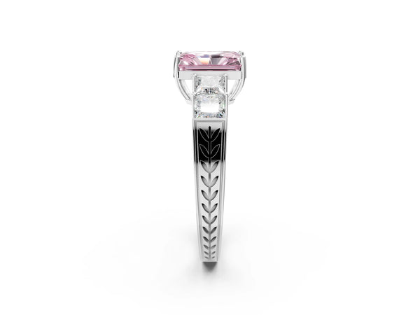 White gold Fancy Pink Radiant Cut Solitaire Princess Side Stone Engraved Band Prong Setting Ring