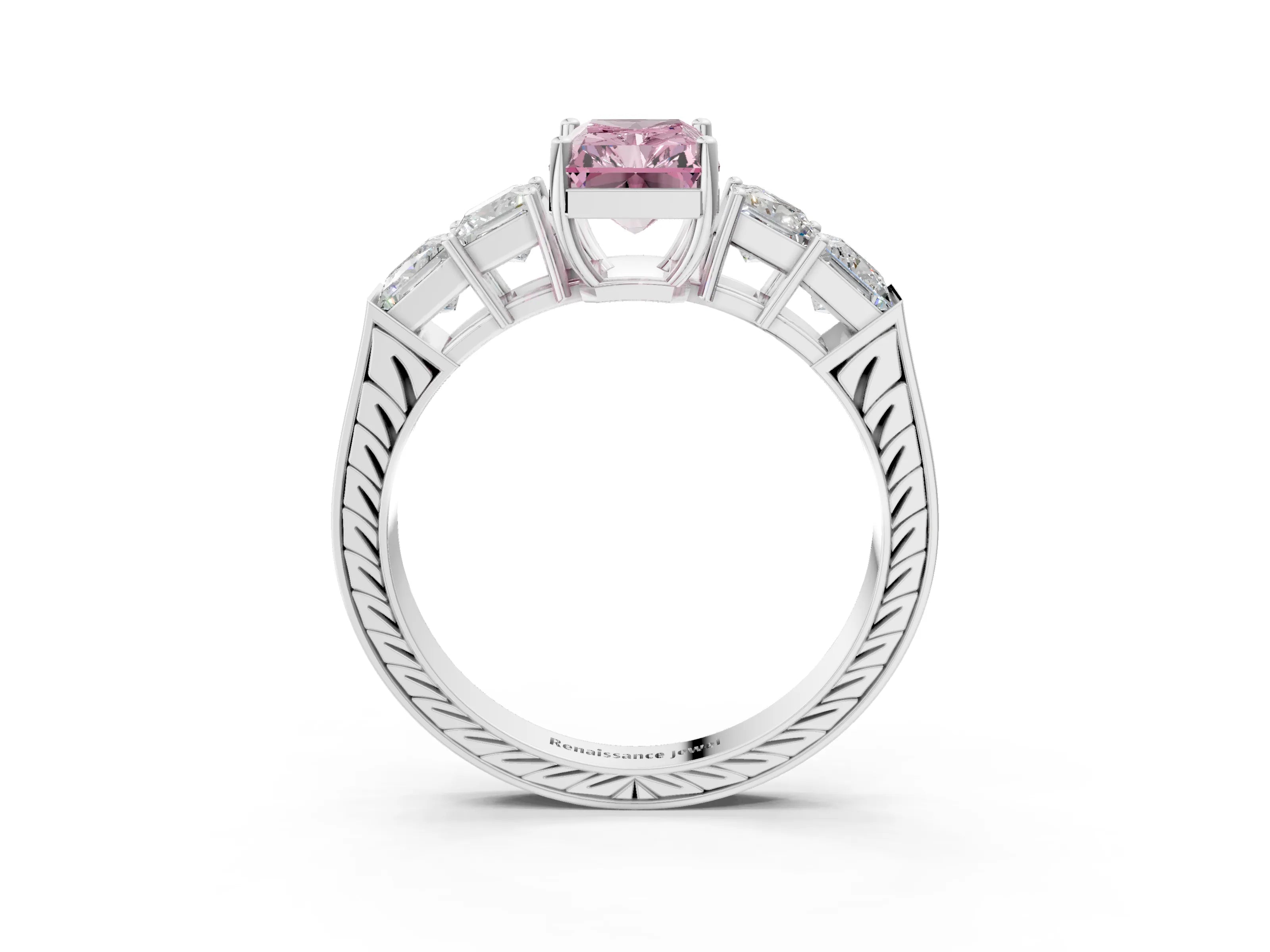 White gold Fancy Pink Radiant Cut Solitaire Princess Side Stone Engraved Band Prong Setting Ring_15