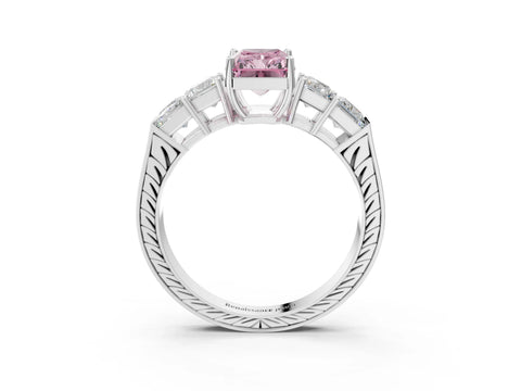 White gold Fancy Pink Radiant Cut Solitaire Princess Side Stone Engraved Band Prong Setting Ring_15
