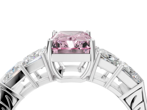White gold Fancy Pink Radiant Cut Solitaire Princess Side Stone Engraved Band Prong Setting Ring_16