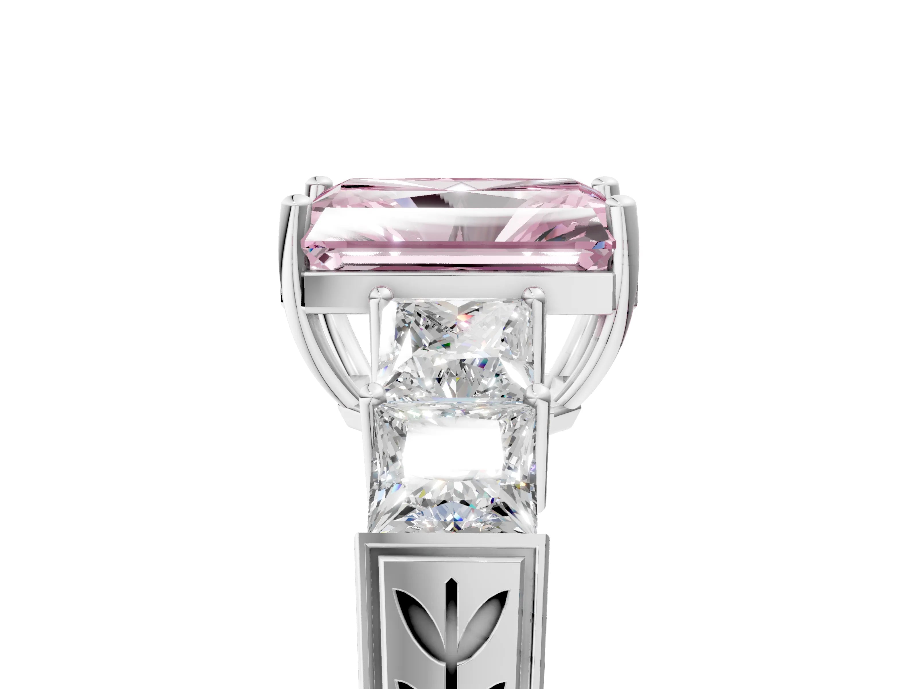 White gold Fancy Pink Radiant Cut Solitaire Princess Side Stone Engraved Band Prong Setting Ring_17