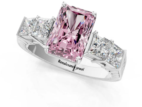 White gold Fancy Pink Radiant Cut Solitaire Princess Side Stone Engraved Band Prong Setting Ring_1