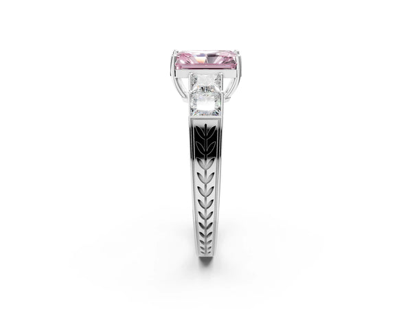 White gold Fancy Pink Radiant Cut Solitaire Princess Side Stone Engraved Band Prong Setting Ring