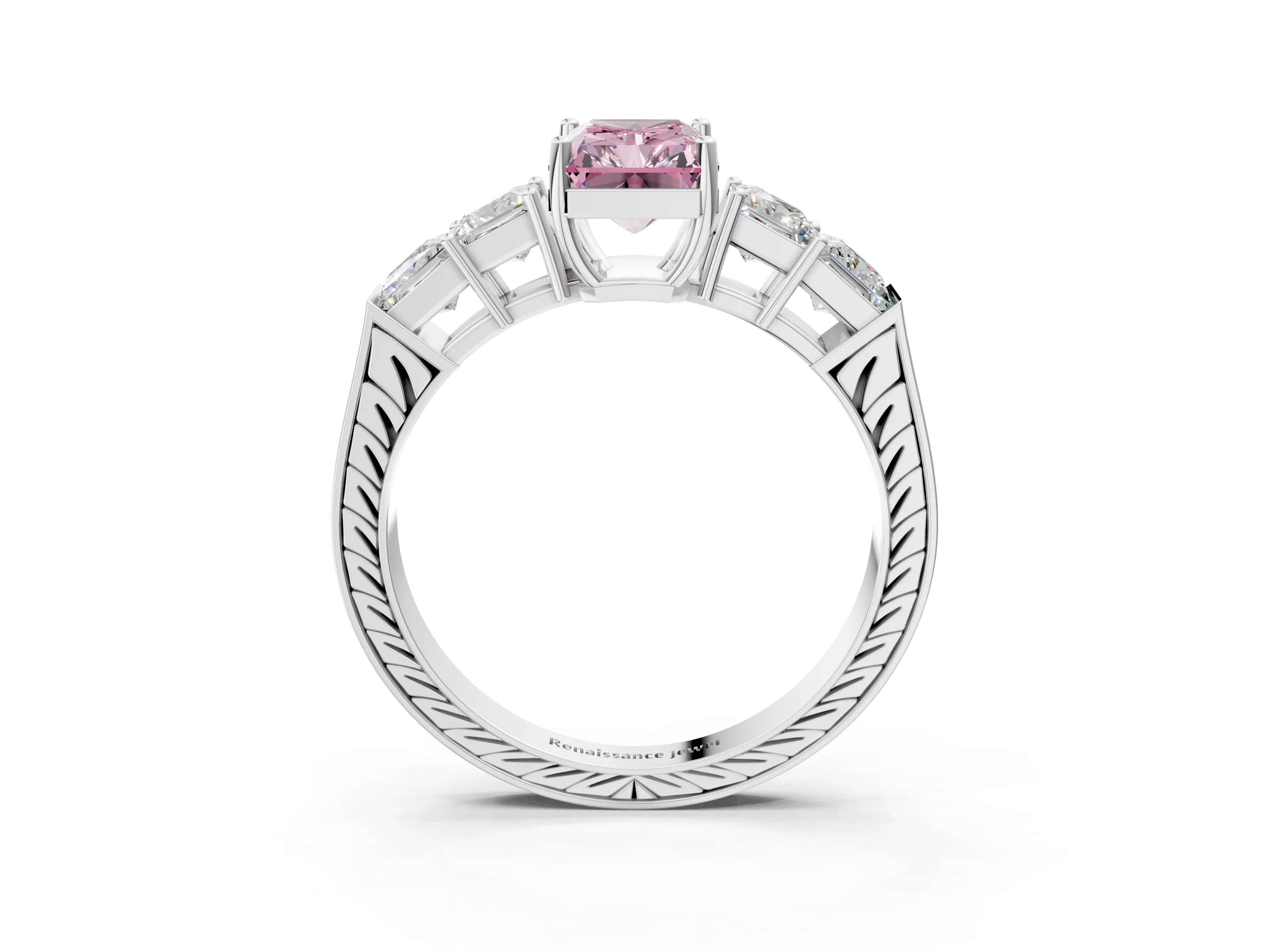 White gold Fancy Pink Radiant Cut Solitaire Princess Side Stone Engraved Band Prong Setting Ring_3