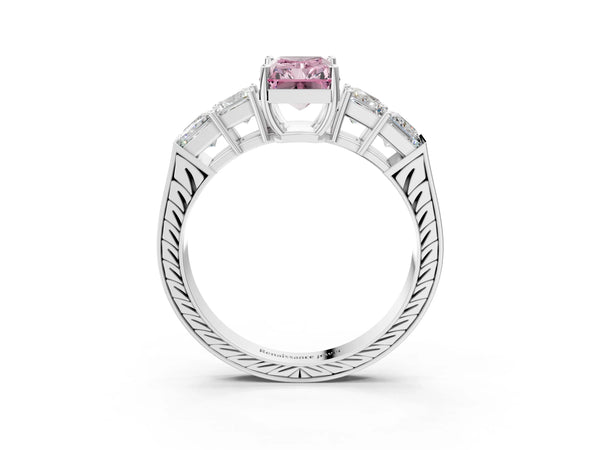 White gold Fancy Pink Radiant Cut Solitaire Princess Side Stone Engraved Band Prong Setting Ring