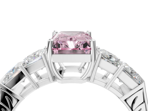 White gold Fancy Pink Radiant Cut Solitaire Princess Side Stone Engraved Band Prong Setting Ring_4