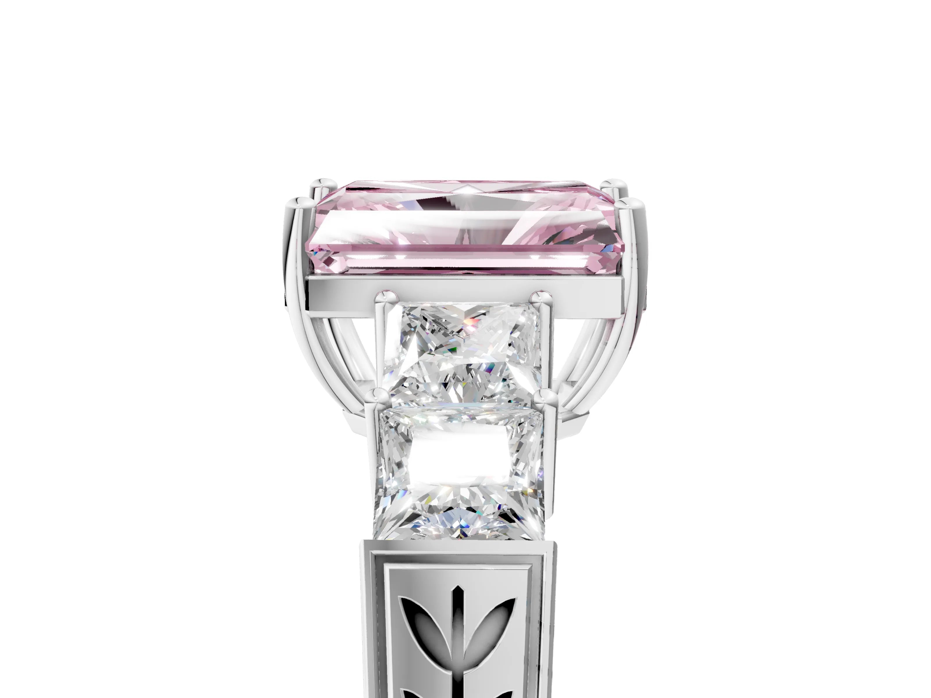 White gold Fancy Pink Radiant Cut Solitaire Princess Side Stone Engraved Band Prong Setting Ring_5