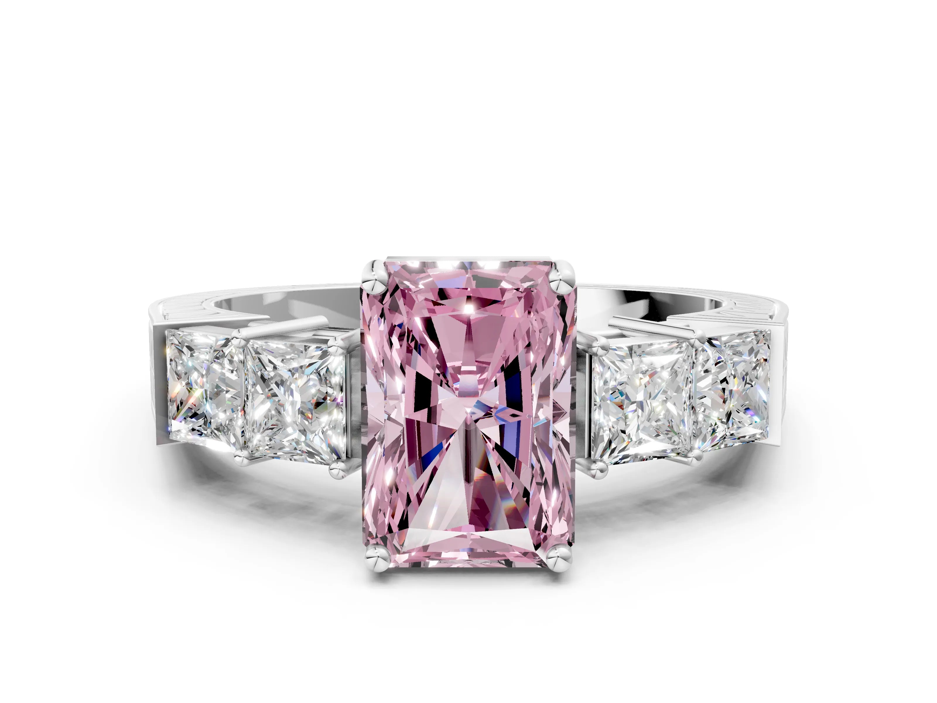 White gold Fancy Pink Radiant Cut Solitaire Princess Side Stone Engraved Band Prong Setting Ring