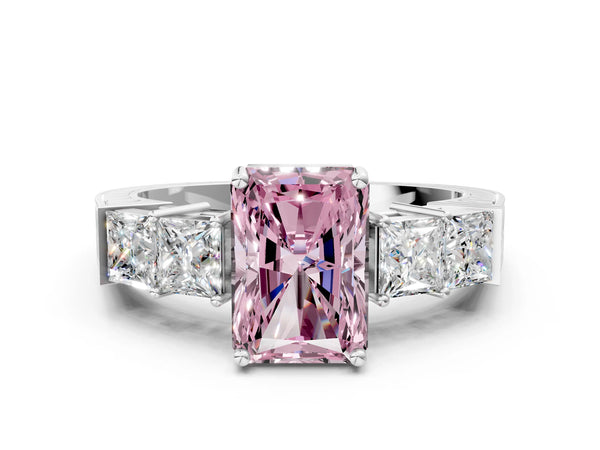 White gold Fancy Pink Radiant Cut Solitaire Princess Side Stone Engraved Band Prong Setting Ring