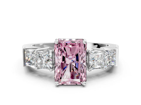 White gold Fancy Pink Radiant Cut Solitaire Princess Side Stone Engraved Band Prong Setting Ring