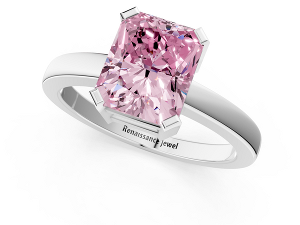 Platinum Fancy Pink Radiant  Cut Solitaire Ring with Four-Prong Setting and Classic Band