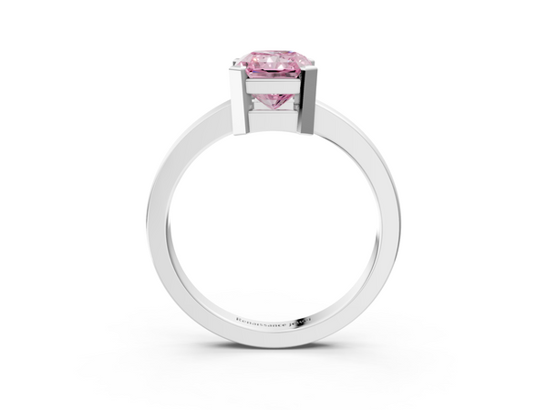 Platinum Fancy Pink Radiant  Cut Solitaire Ring with Four-Prong Setting and Classic Band