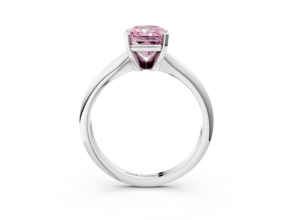 Platinum Fancy Pink Radiant  Cut Solitaire Ring with Four-Prong Setting on a Classic Band
