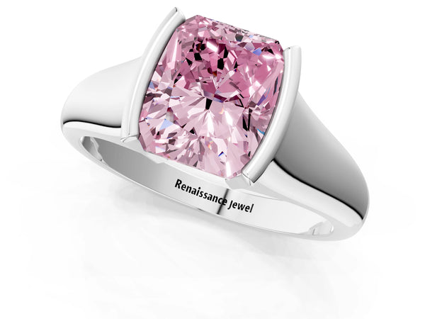 Platinum Fancy Pink Radiant Cut Solitaire Tension Set Diamond Ring with Split Shank Band
