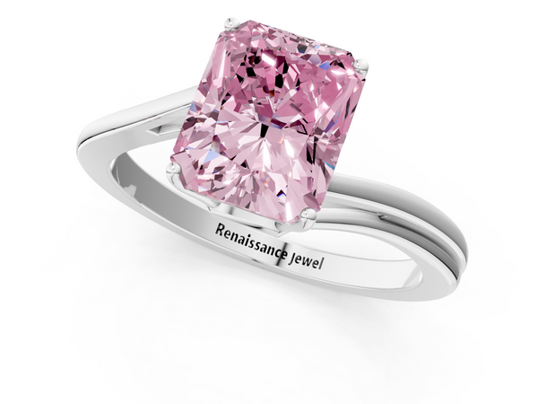 Platinum Fancy Pink Radiant  Cut Solitaire Twist Band Ring with Four-Prong Setting