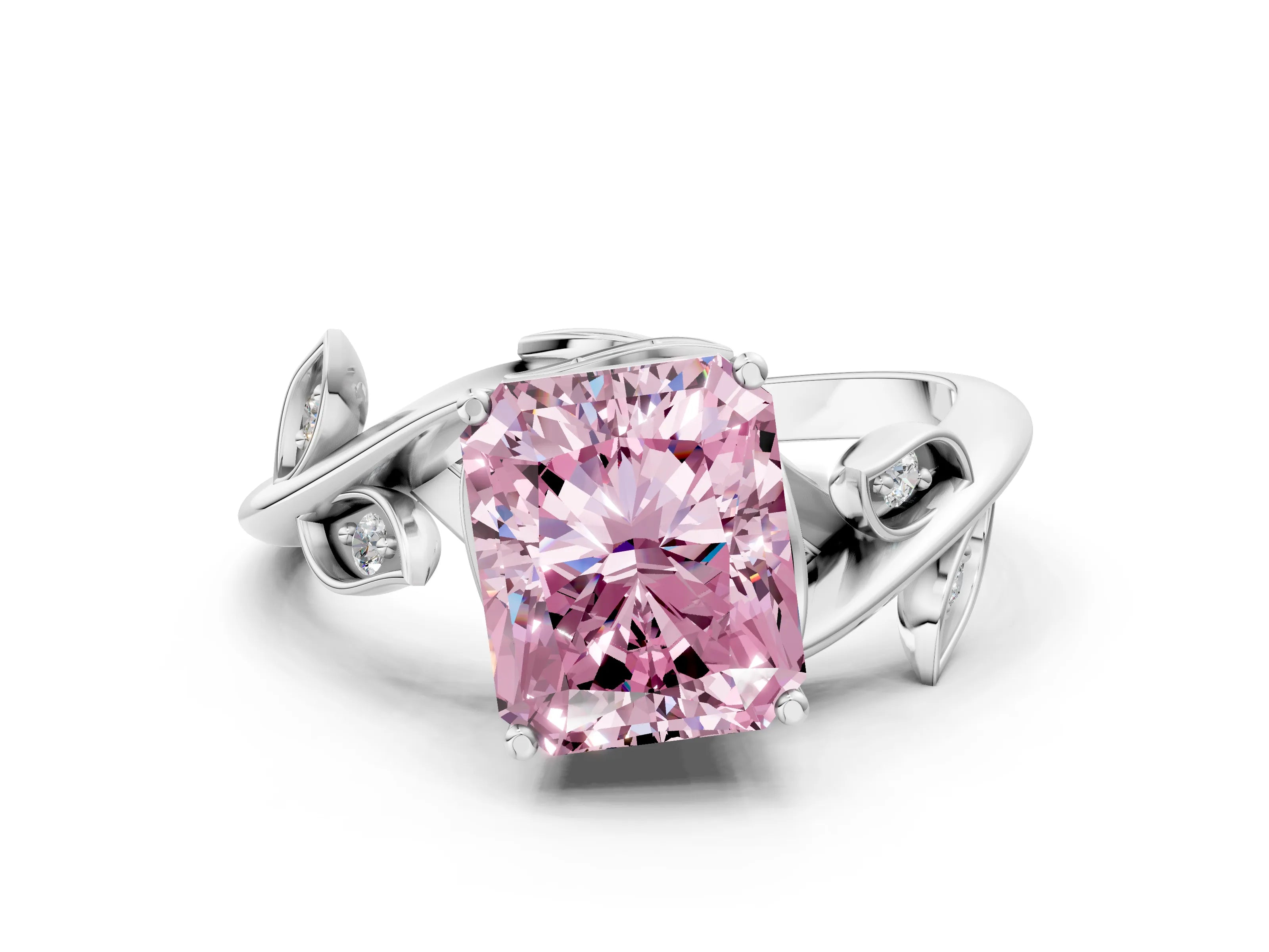 White gold Fancy Pink Radiant Cut Solitaire Twist Engagement Ring with Leaf Accents and Prong Setting