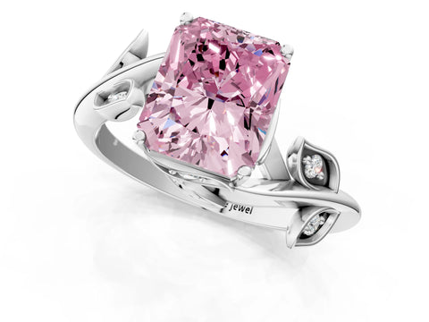 White gold Fancy Pink Radiant Cut Solitaire Twist Engagement Ring with Leaf Accents and Prong Setting_13