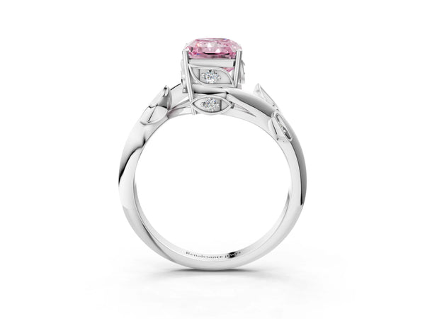 White gold Fancy Pink Radiant Cut Solitaire Twist Engagement Ring with Leaf Accents and Prong Setting