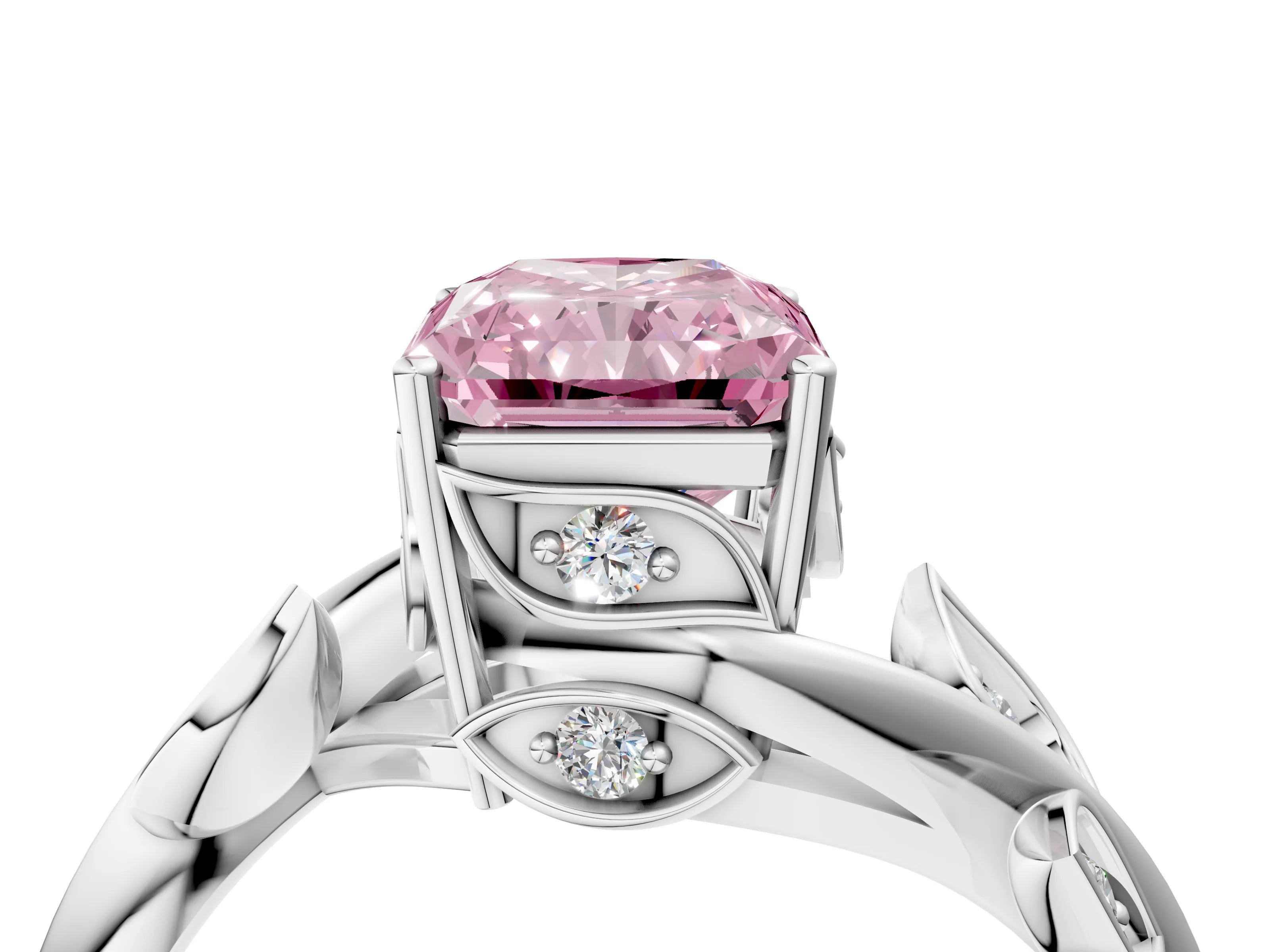 White gold Fancy Pink Radiant Cut Solitaire Twist Engagement Ring with Leaf Accents and Prong Setting_16