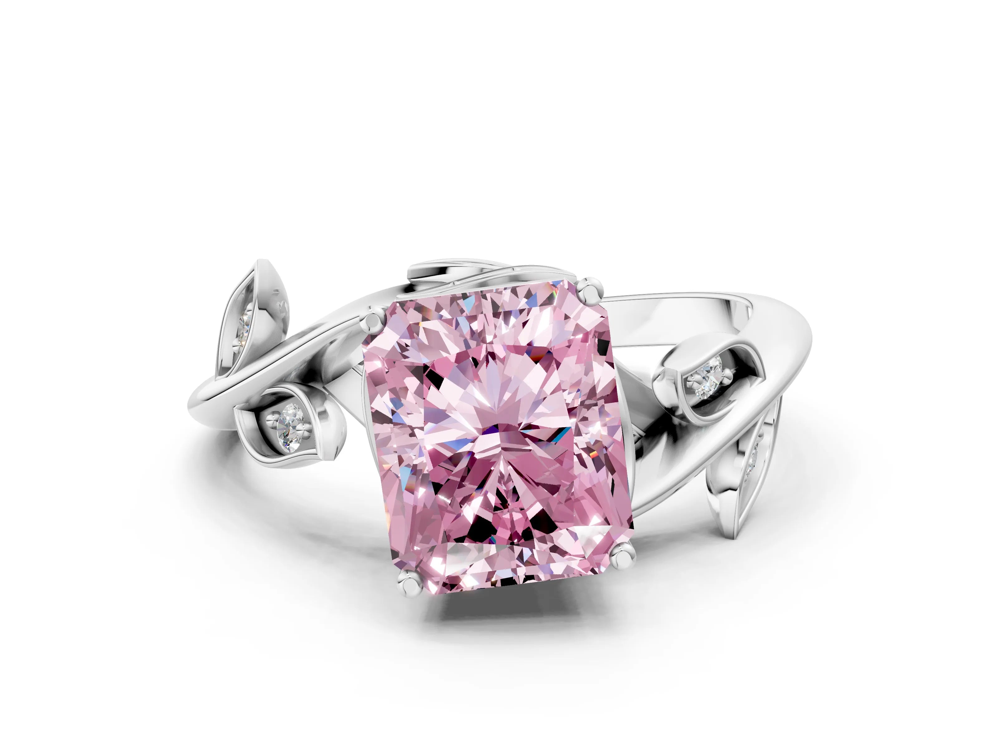 White gold Fancy Pink Radiant Cut Solitaire Twist Engagement Ring with Leaf Accents and Prong Setting