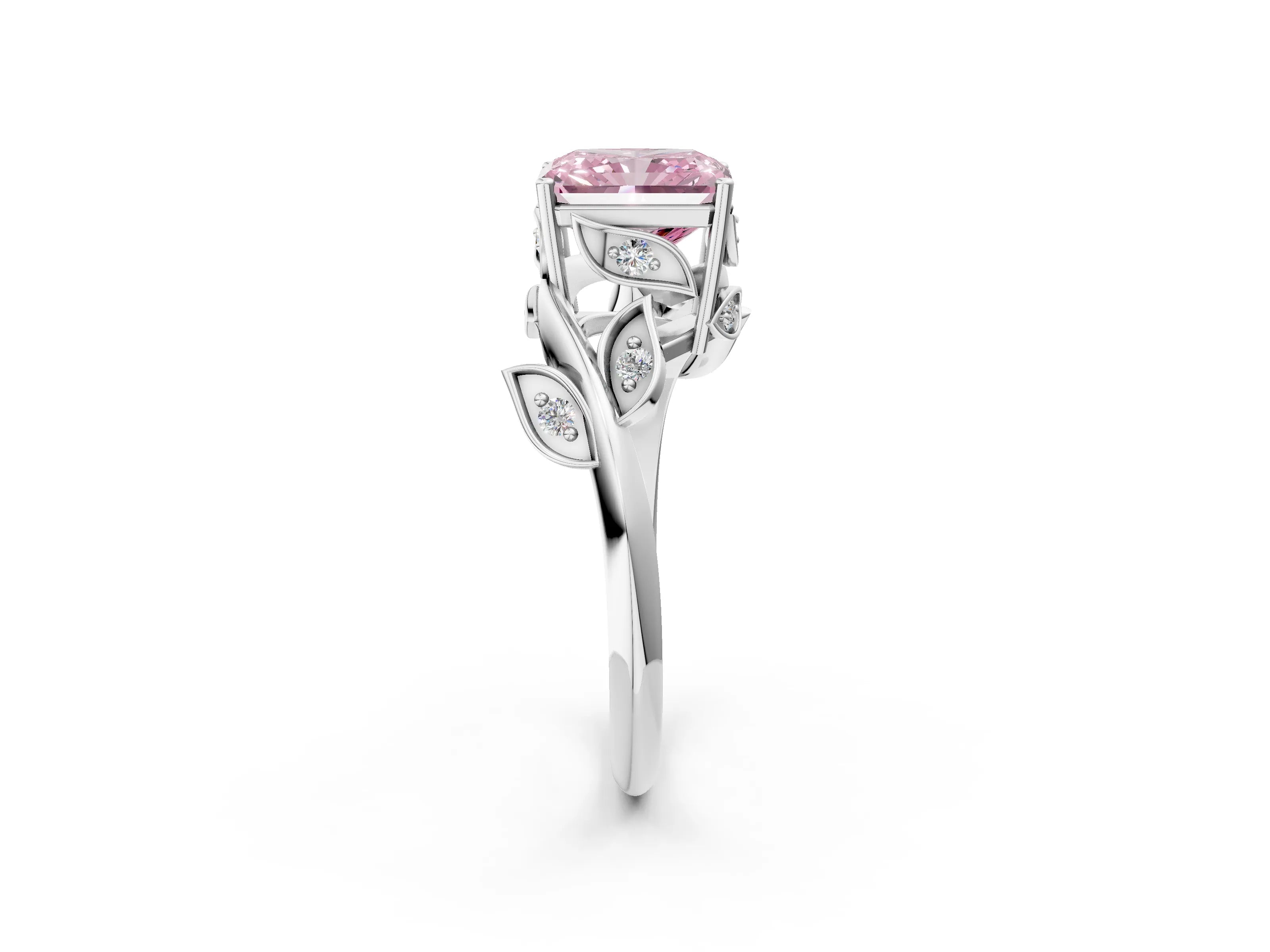 White gold Fancy Pink Radiant Cut Solitaire Twist Engagement Ring with Leaf Accents and Prong Setting_2