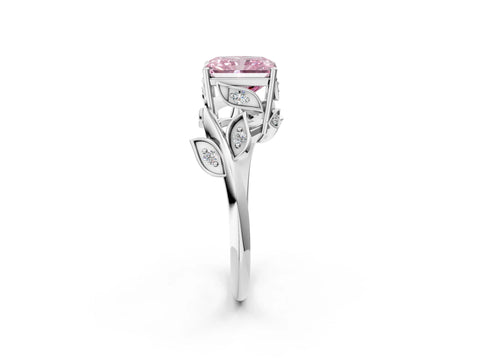 White gold Fancy Pink Radiant Cut Solitaire Twist Engagement Ring with Leaf Accents and Prong Setting_2