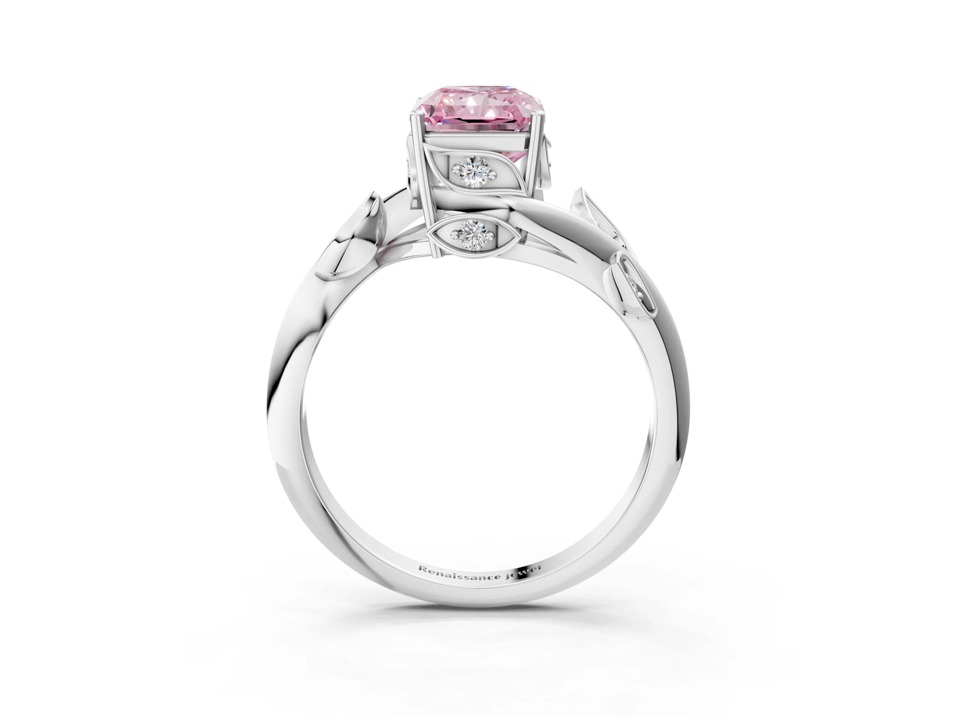White gold Fancy Pink Radiant Cut Solitaire Twist Engagement Ring with Leaf Accents and Prong Setting_3