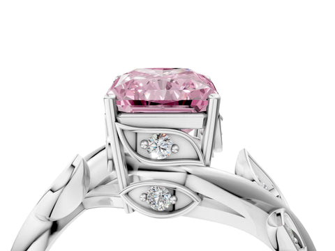White gold Fancy Pink Radiant Cut Solitaire Twist Engagement Ring with Leaf Accents and Prong Setting_4