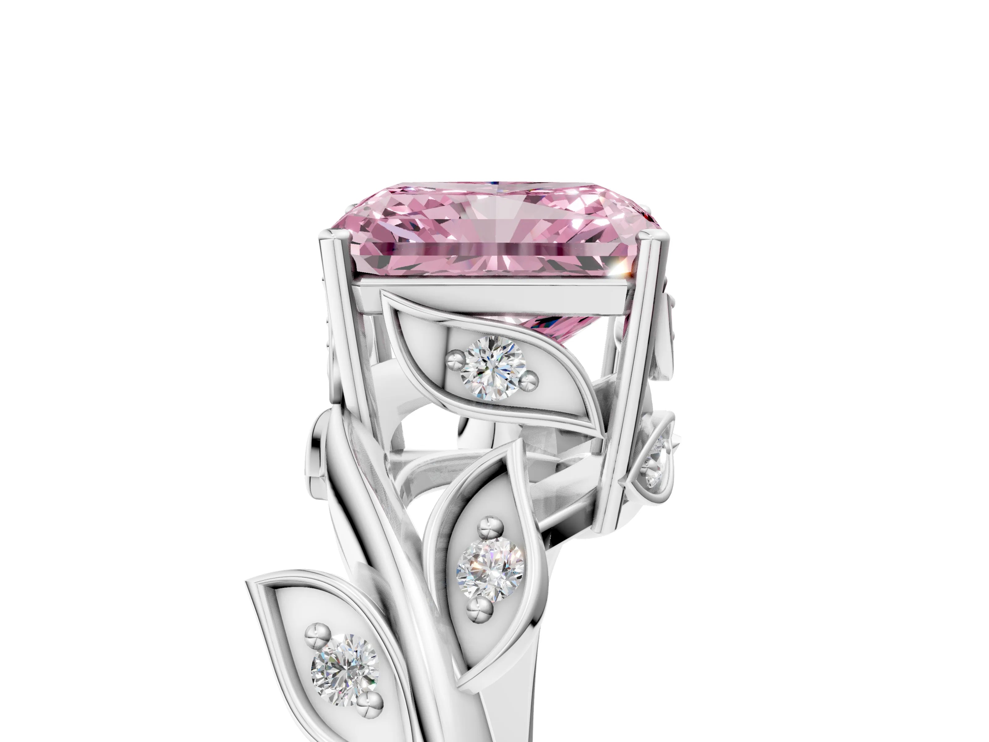 White gold Fancy Pink Radiant Cut Solitaire Twist Engagement Ring with Leaf Accents and Prong Setting_5