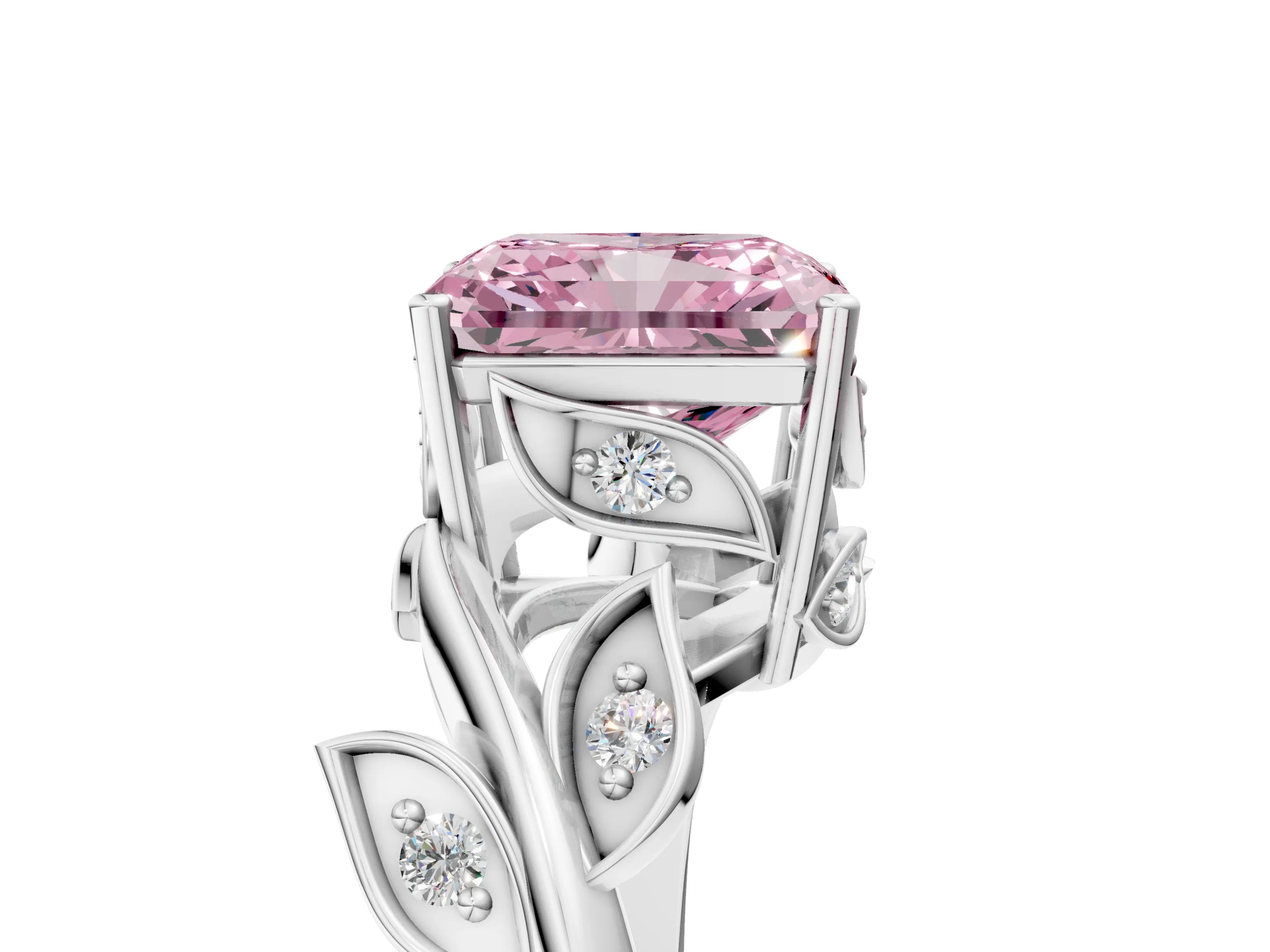 White gold Fancy Pink Radiant Cut Solitaire Twist Engagement Ring with Leaf Accents and Prong Setting_5