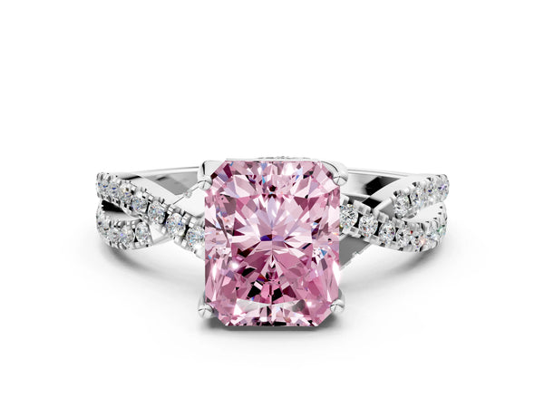 White gold Fancy Pink Radiant Cut Solitaire Twist Pave Diamond Engagement Ring with Prong Setting