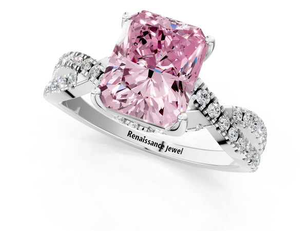 White gold Fancy Pink Radiant Cut Solitaire Twist Pave Diamond Engagement Ring with Prong Setting