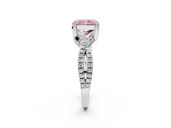 White gold Fancy Pink Radiant Cut Solitaire Twist Pave Diamond Engagement Ring with Prong Setting