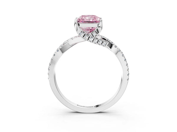 White gold Fancy Pink Radiant Cut Solitaire Twist Pave Diamond Engagement Ring with Prong Setting