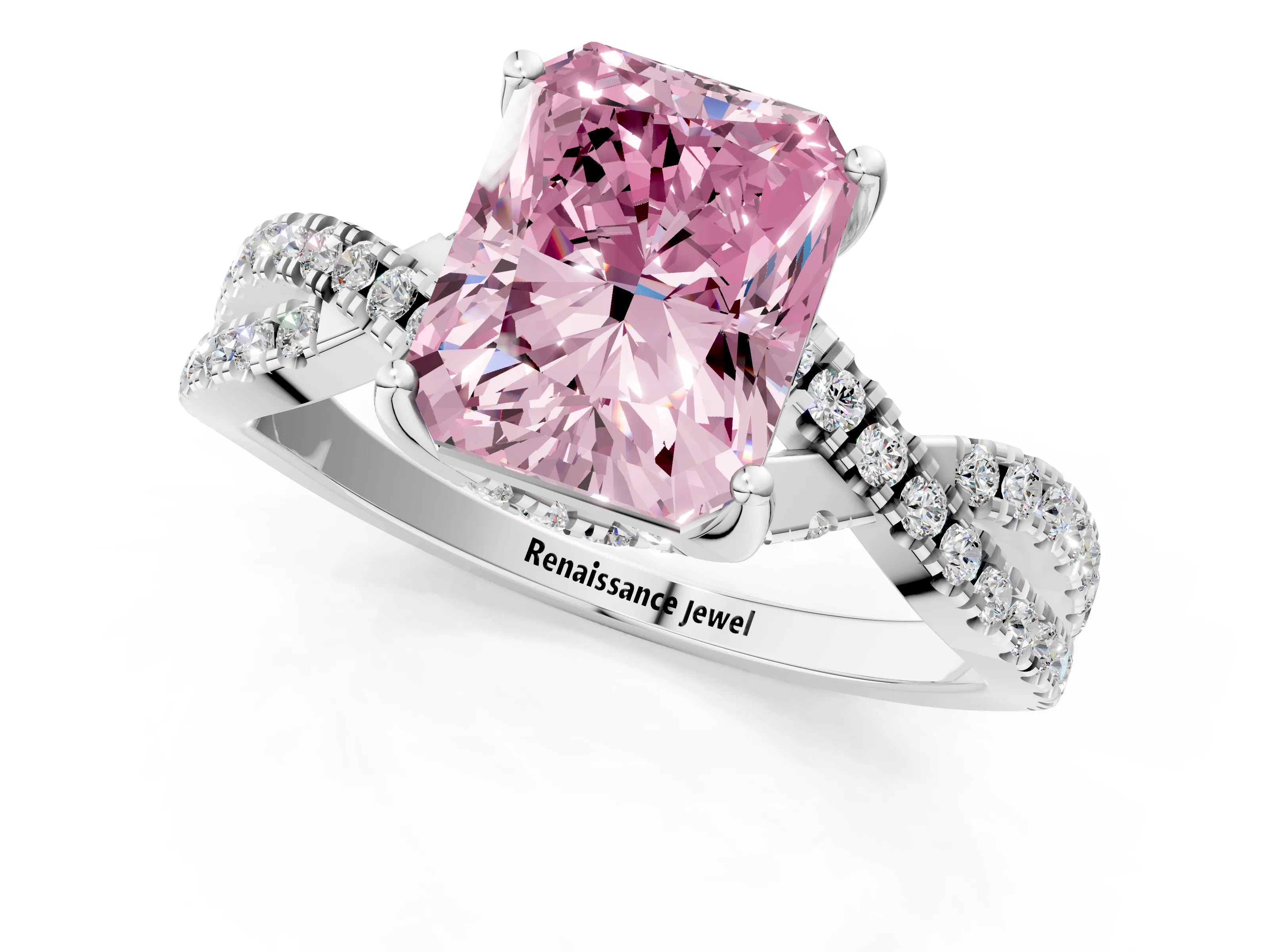 White gold Fancy Pink Radiant Cut Solitaire Twist Pave Diamond Engagement Ring with Prong Setting_1