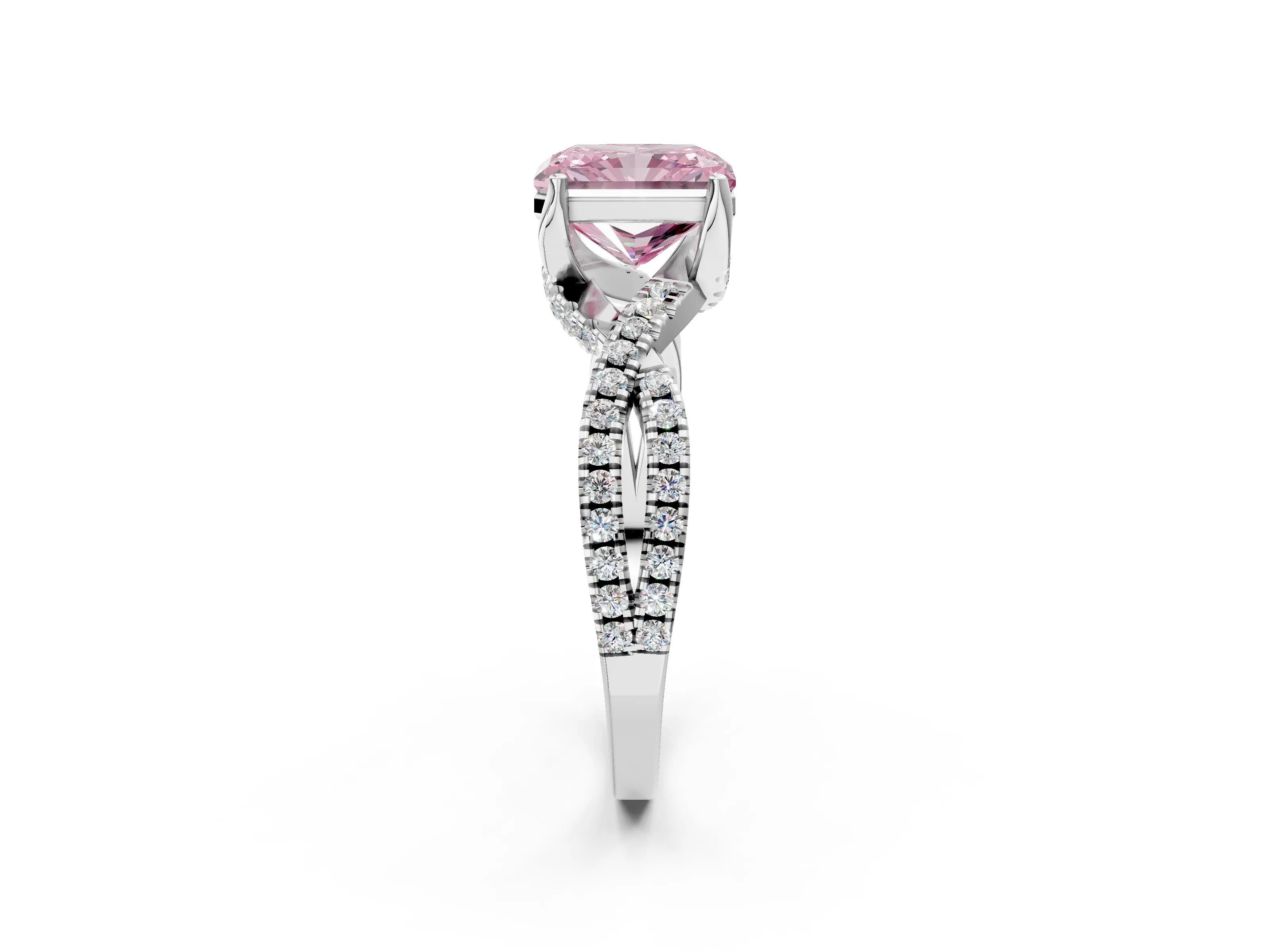 White gold Fancy Pink Radiant Cut Solitaire Twist Pave Diamond Engagement Ring with Prong Setting_2