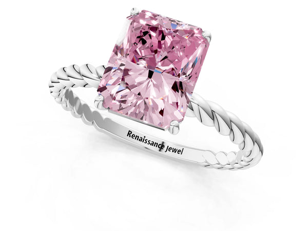White gold Fancy Pink Radiant Cut Solitaire Twisted Band 4-Prong Ring