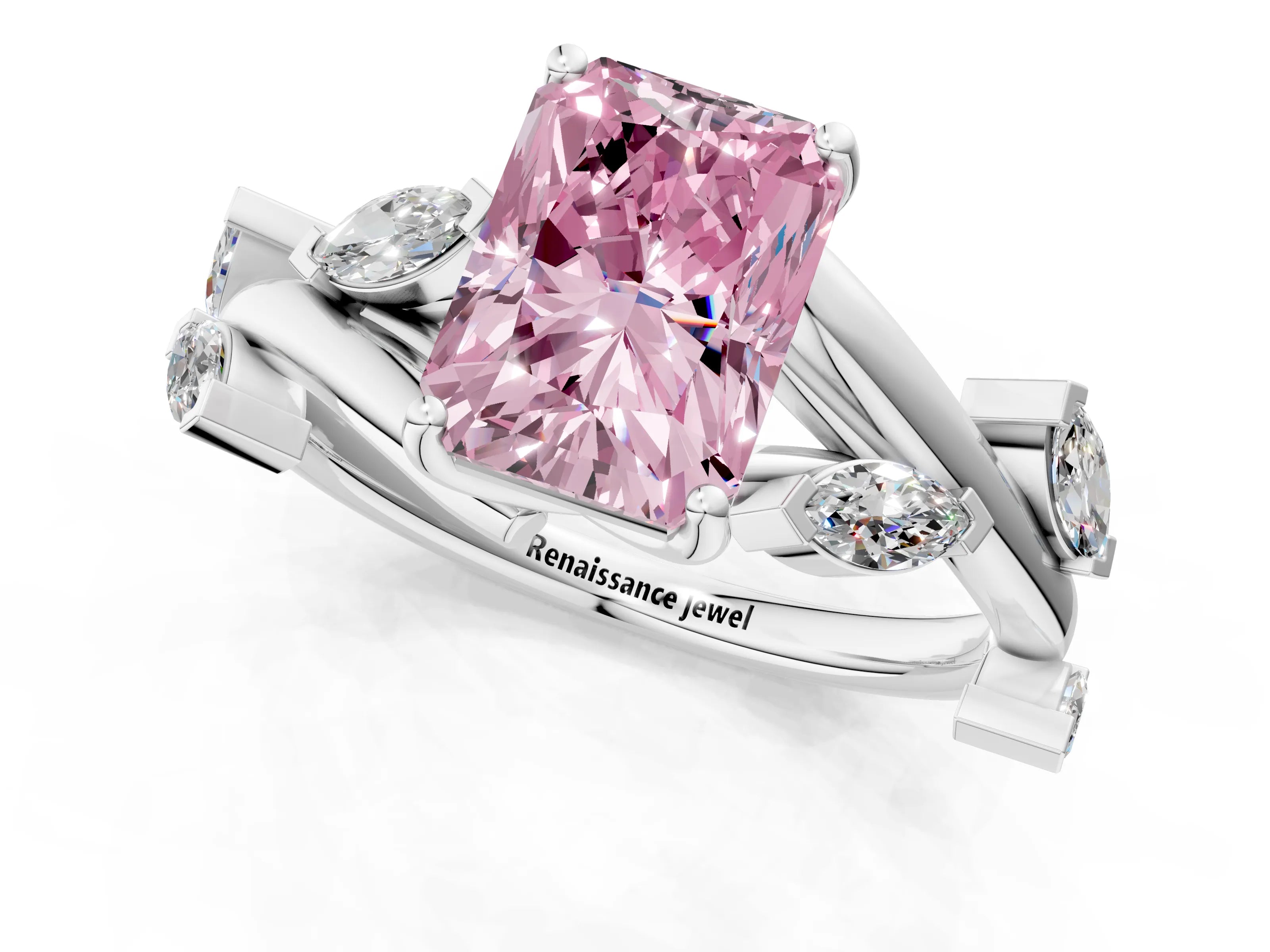 White gold Fancy Pink Radiant Cut Solitaire Twisted Band Marquise Accent Prong Setting Ring_1